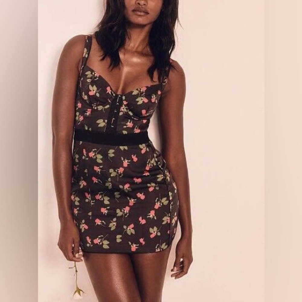 For Love And Lemons Black mini Dress with Red Rose design Sz L
